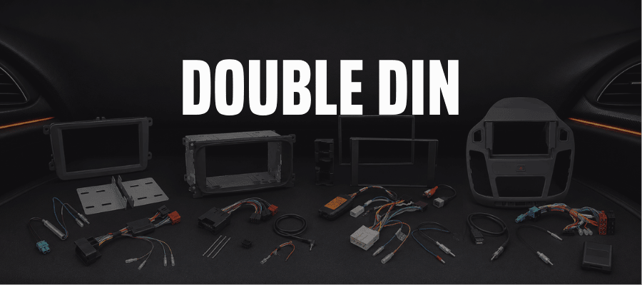 Vehicle-specific Double DIN car stereo fitting kits with fascia panels, wiring interfaces and aerial adaptors