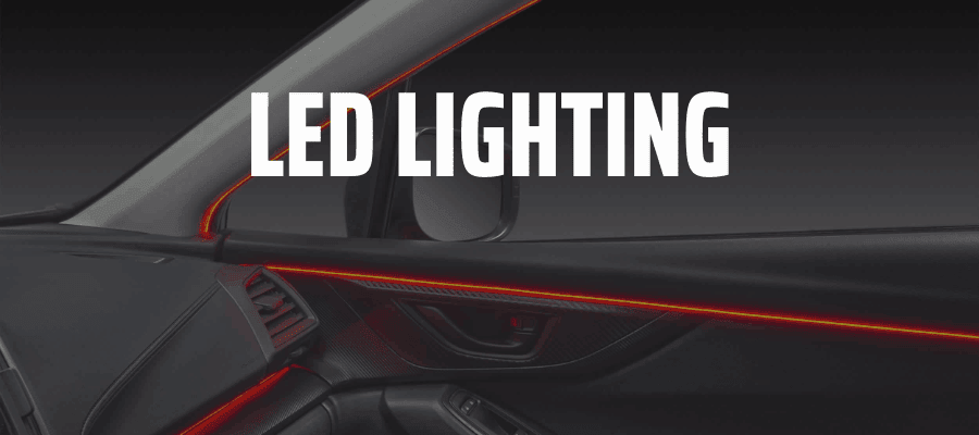 Ambient LED car interior lighting kit and LED upgrade bulbs from InCarTec, Heise and Novsight installed in vehicle cabin