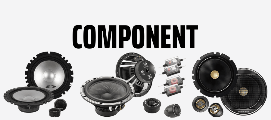Blam, Alpine, and Pioneer component car speakers including 4 inch, 5 inch, and 6.5 inch models displayed with separate tweeters and crossovers