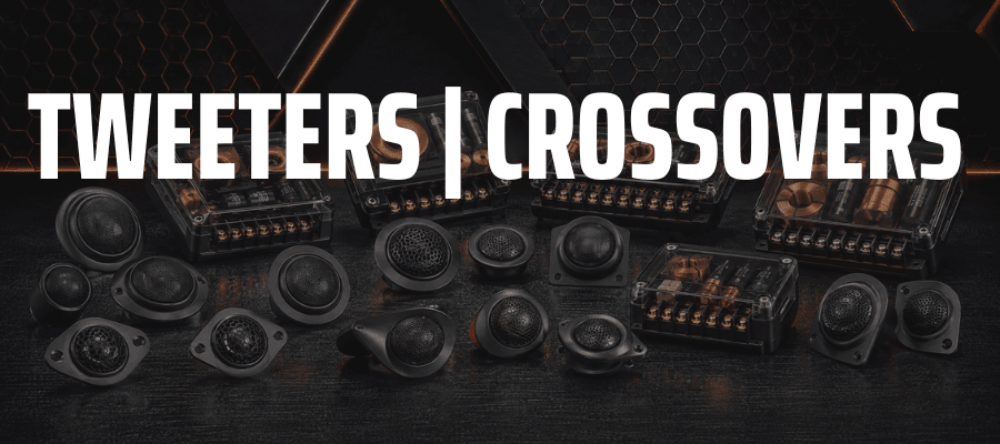 Car audio tweeters and passive speaker crossovers displayed on a dark technical background