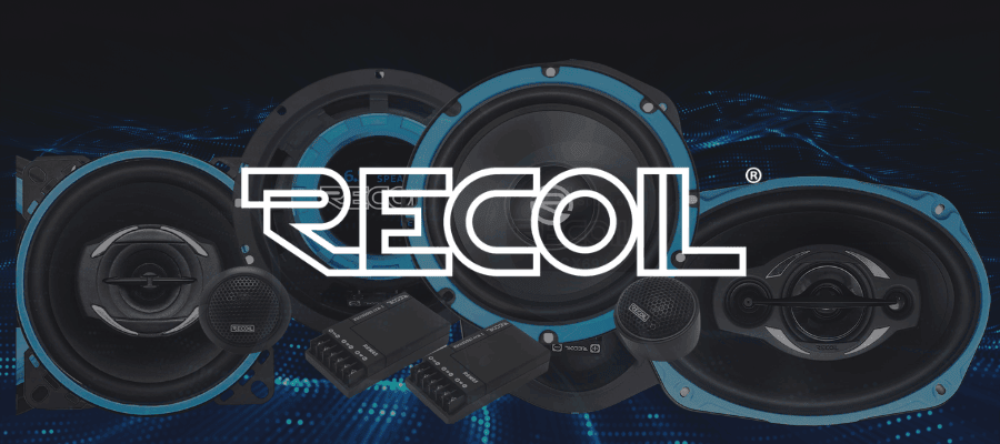 Recoil car audio banner featuring premium car speaker systems compatible with InCarTec fitting kits for easy installation and high-performance sound