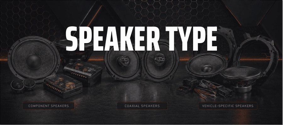 Component, coaxial and vehicle-specific car speakers displayed by speaker type