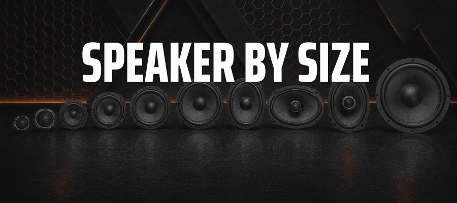 Car speakers arranged from compact 87mm models to larger 200mm and oval speakers