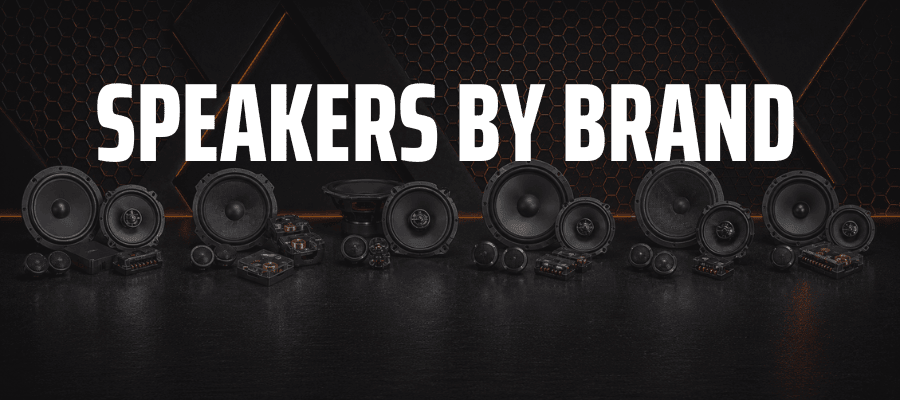 Alpine, BLAM, JL Audio, JBL, Pioneer and Recoil car speakers displayed across a dark car-audio banner