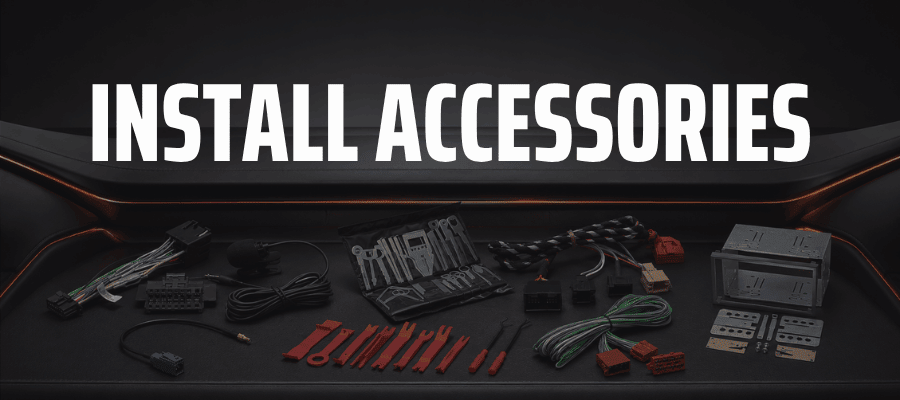 Car stereo installation accessories including ISO wiring, aerial adapters, radio cages, microphones and removal tools