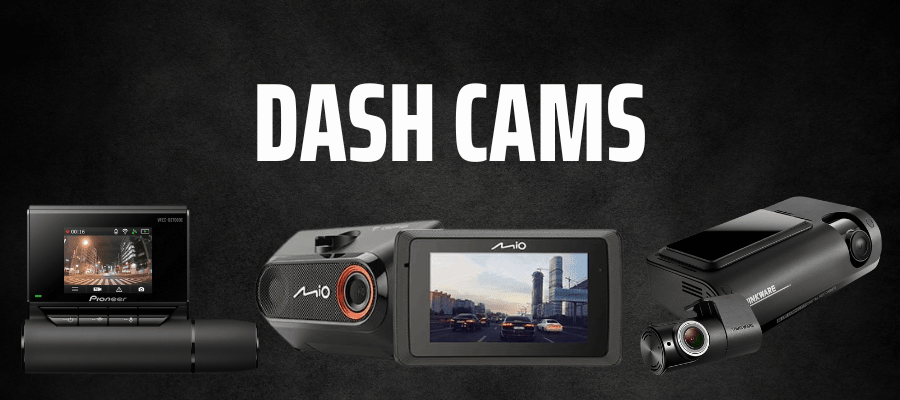 Dash cams from Alpine, Mio, Pioneer and Thinkware capturing road footage for vehicle protection and evidence