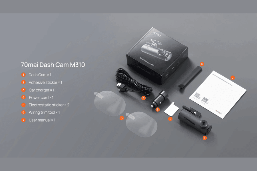 70mai M310 dash cam box contents and supplied accessories