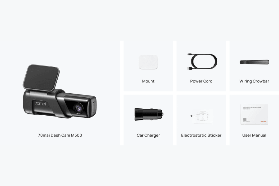 70mai M500 dash cam box contents and supplied accessories