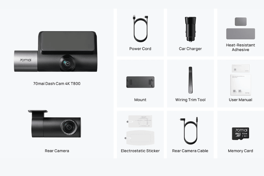 70mai T800 triple-channel dash cam set with 4K rear camera and accessories
