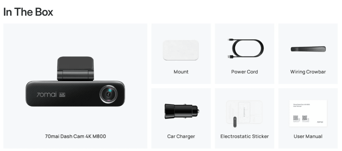 70mai M800 4K front and rear dash cam box contents and accessories