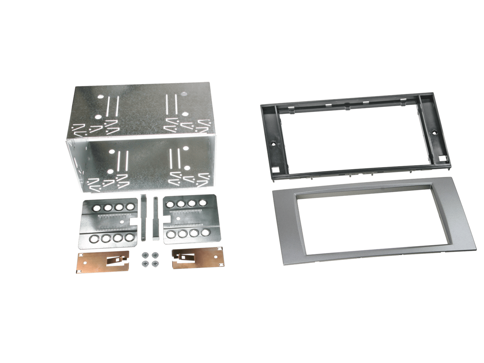 Ford (6000CD SQUARE RADIO) FLUSH FIT Double DIN car audio fascia radio cage kit (SILVER)