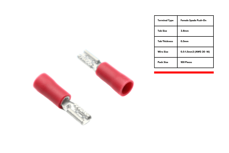 Red Female 2.8mm push-on terminal for 0.5mm tab width (Pack of 100)