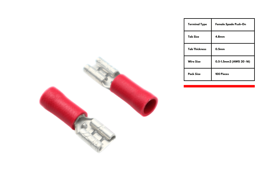 Red Female 4.8mm push-on terminal for 0.5mm tab width (Pack of 100)