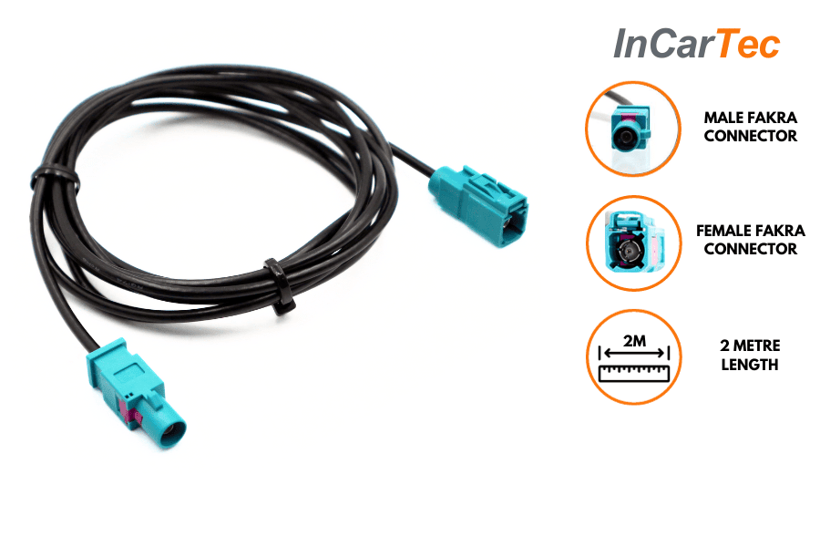 2 metre male Fakra to female Fakra in car radio aerial/ antenna extension cable