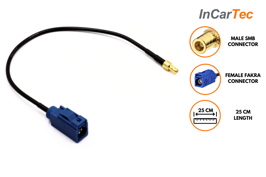 Blue female Fakra to male SMB DAB antenna adapter cable (25cm)