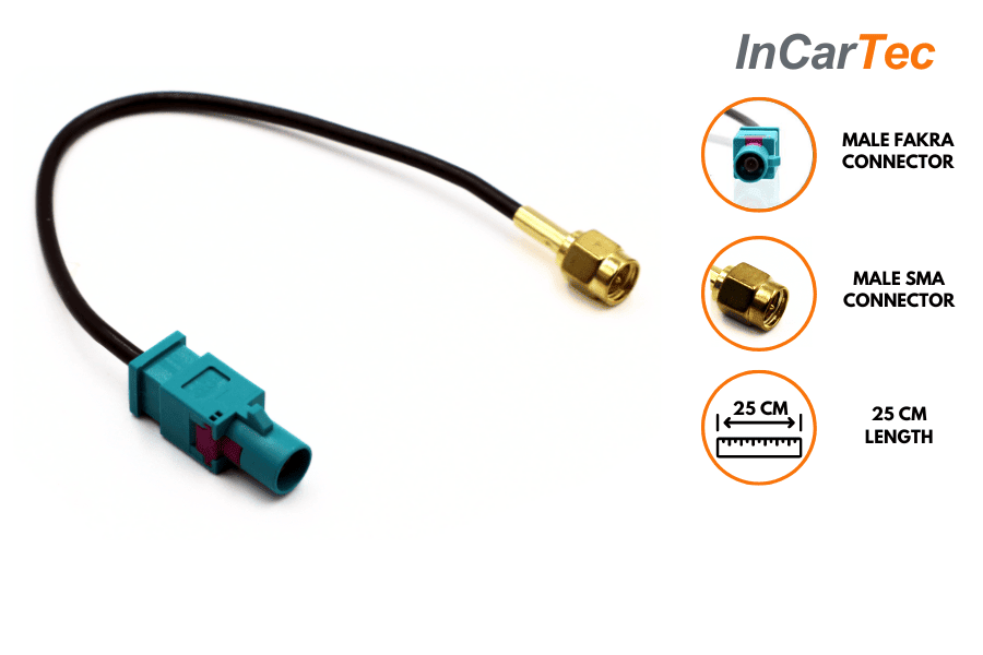 Male Fakra to male SMA screw fit DAB antenna adapter cable (25cm)