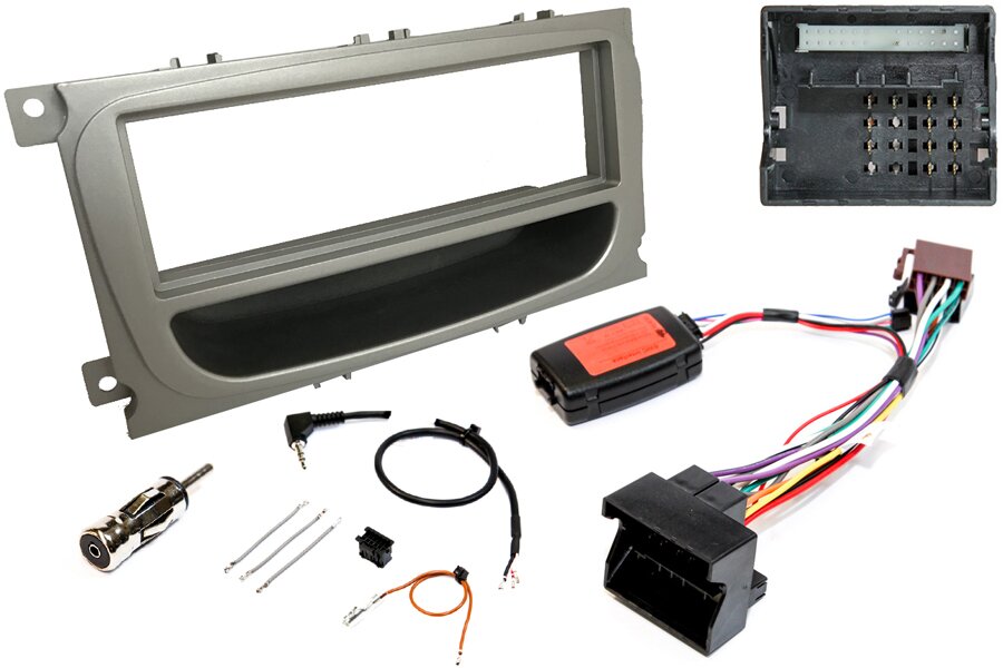 Ford Single DIN car stereo upgrade fitting kit (Oval Shape - Silver) with Steering wheel controls