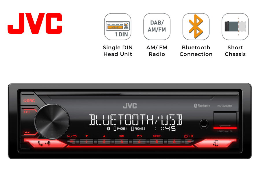 JVC KD-X282BT mechless single DIN car stereo with Bluetooth, USB, AUX,