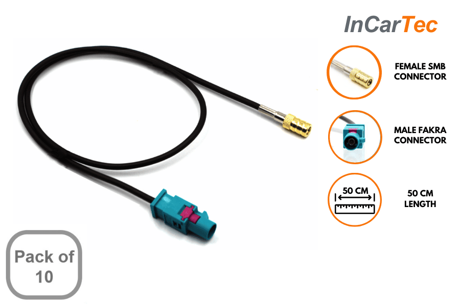 10 x Male Fakra to SMB female DAB antenna adapter cable (50cm) 10 PACK
