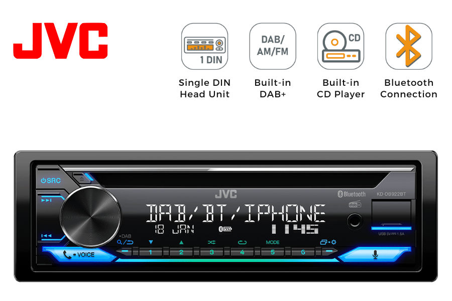 JVC KD-DB922BT Single DIN DAB Bluetooth CD USB AUX Car Stereo Head Unit