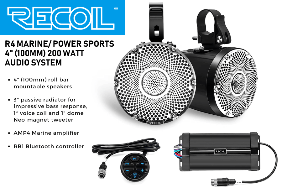 Recoil R4 Marine & Powersports Audio System – 4" 200 W Speakers, Amp & Bluetooth Controller