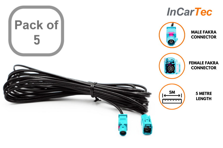 5 metre female Fakra to male Fakra in car radio aerial extension cable (5 PACK)