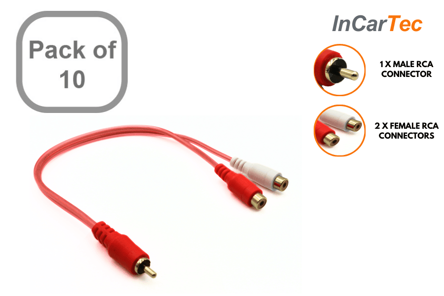 RCA Male to Dual-Female Audio Adapter Y-Cable – 10 Pack (Car Stereo / Amplifier)