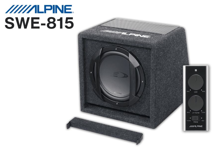 Alpine SWE-815 8-inch boxed car subwoofer with built-in 150W amplifier