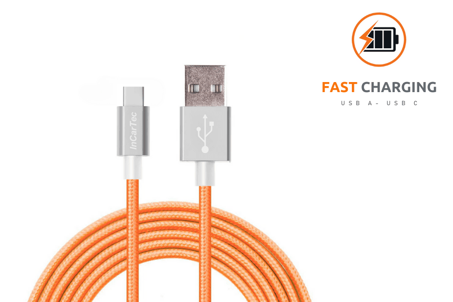 InCarTec Nylon braided USB A to Android USB C Fast charging and data cable (Orange - 1 Metre)